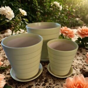 macetero ceramica moderno Set 3 Macetas de Cerámica Premium | Maceteros con Plato | Color Verde Agua Moderno