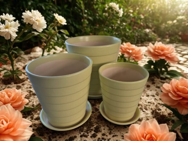 ​Set 3 Macetas de Cerámica Premium | Maceteros con Plato | Color Verde Agua Moderno