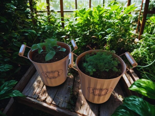 vintage Set x3 Maceteros de Metal Marrón Estilo Vintage Francés con Asa de Madera