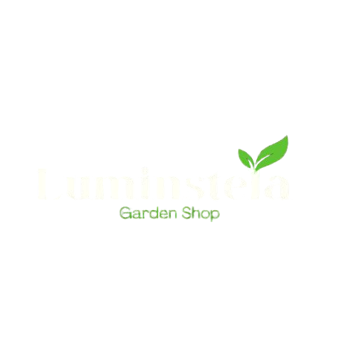 Logo Luministela Garden Shop - Letras blancas con hojas verdes