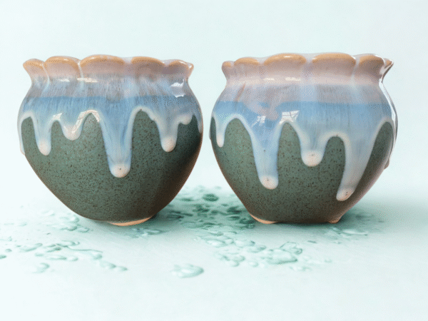 Diseño sin título (28) Pack 2 Maceteros de Cerámica "Dripping Glaze" Naranja y Rosa | Diámetro 10cm