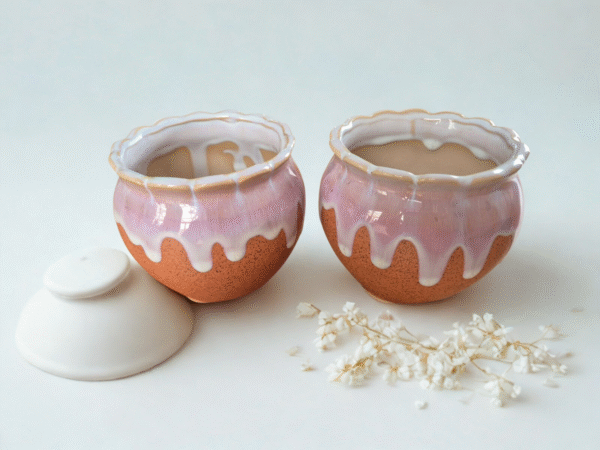 Diseño sin título (31) Pack 2 Maceteros de Cerámica "Dripping Glaze" Naranja y Rosa | Diámetro 10cm