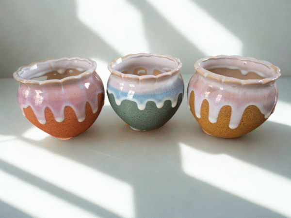 Diseño sin título (33) Pack 2 Maceteros de Cerámica "Dripping Glaze" Naranja y Rosa | Diámetro 10cm