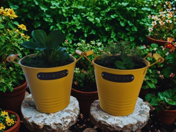 WhatsApp Image 2025-11-03 at 12.17.27 (1) Juego de 2 Macetas/Cubos Metálicos Decorativos Amarillo Sol con Asa de Madera Vintage