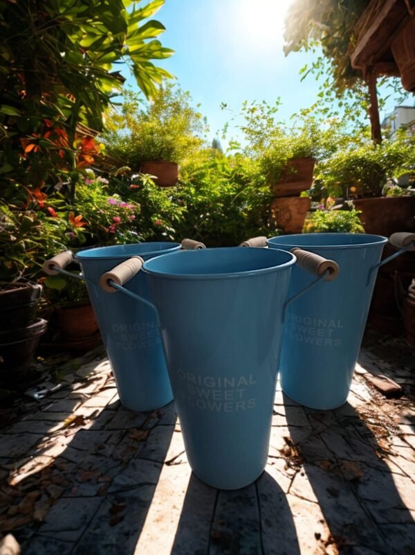 Set de 3 Macetas Metálicas Tipo Jarrón Azul Pastel con Asa