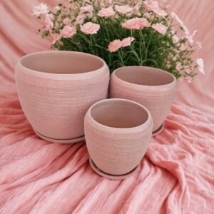 Juego de 3 Macetas de Cerámica Texturizada con Plato - Estilo Nórdico (Varios Colores)