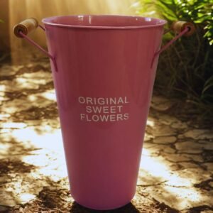 Macetero Decorativo Metálico Alto con Asas de Madera | Estilo Vintage Rosa Malva